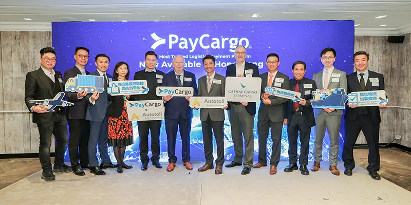 Guests of Honour held a toasting ceremony with the esteemed guests, celebrating the official establishment of PayCargo in Hong Kong. (From left: Mr. Ryan Ngan, Senior Business Advisor, PayCargo Continental Asia Limited; Mr. Owen Leung, General Manager of IoT & Telematics, Autotoll International Limited; Mr. Morgan Law, Commercial Director, Asia, PayCargo Continental Asia Limited; Ms. Karen Mak, Deputy Head, Financial Services & Fintech, InvestHK; Hon. Duncan Chiu,Legislative Council Member (Functional Constituency - Technology and Innovation); Mr. Adrie Reinders, Chief Executive Officer, PayCargo International; Mr. Karel Au, Deputy Chief Executive Officer, Autotoll International Limited; Mr. Mark Watts, Chief Operating Officer, Cathay Cargo Terminal; Mr. Alvan Aiau Yong, General Manager, Australia, PayCargo; Mr. Eddie Law, General Manager of Dimerco Air Forwarders (H.K.) Limited; Mr. Max Lau,Vice President (Fintech), Office for Attracting Strategic Enterprises (OASES); Mr. Henry Yau, Marketing and Communications Manager, Autotoll International Limited)